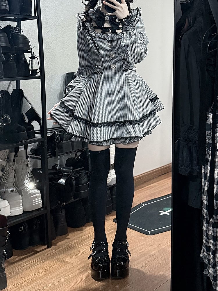 White Set with Detachable Dress Jirai Pan Kei Shorts Black Mini Peter Houndstooth Puff - Collar Matching