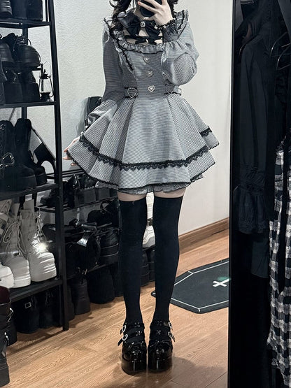 White Set with Detachable Dress Jirai Pan Kei Shorts Black Mini Peter Houndstooth Puff - Collar Matching