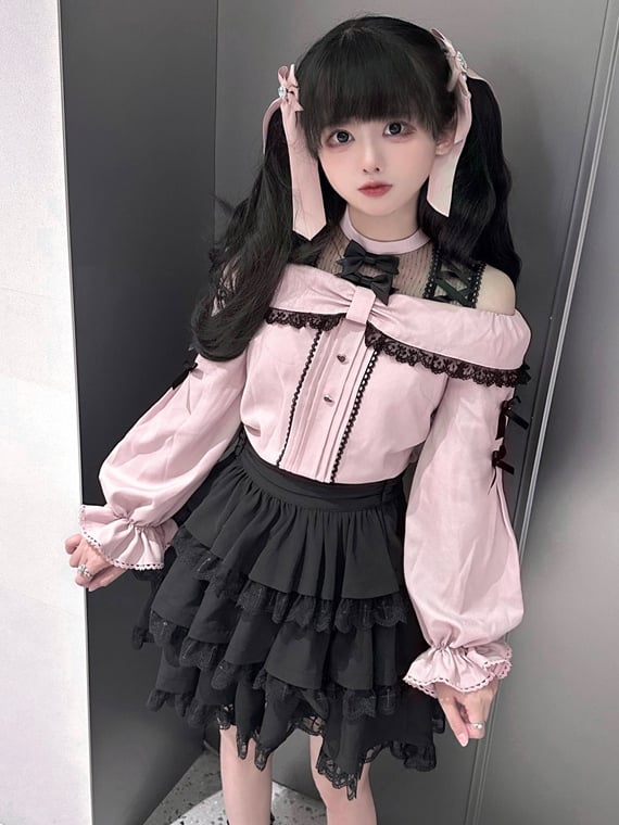 Jirai Trim Skirt Kei 3-Tiered with Lace Black