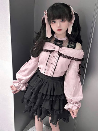 with Pink Bow Black Kei Open Blouse Shoulder Details Jirai Neckline Illusion