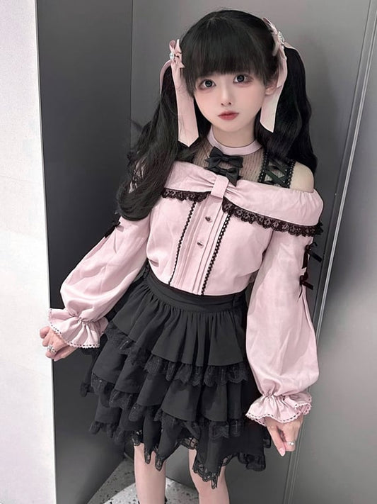 with Pink Bow Black Kei Open Blouse Shoulder Details Jirai Neckline Illusion