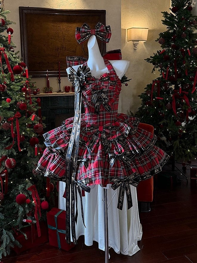 with Dress and Halter Black Ruffles Plaid Punk Red Ribbon Sweet Neck Bows Lolita