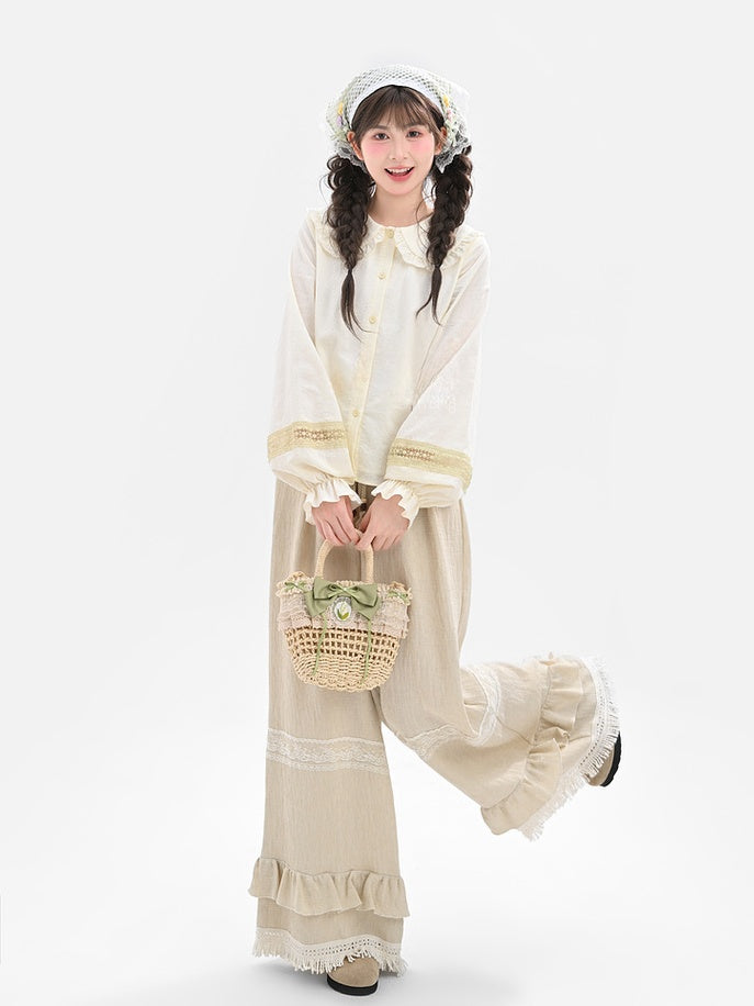 フリル袖ブラウス ピーターパンカラー ロング ライトイエロー