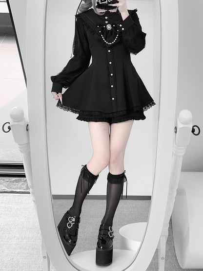 Set: Kei Coord Sleeve Navycore Dress Collar x Long Jirai Matching All-Black Shorts Sailor