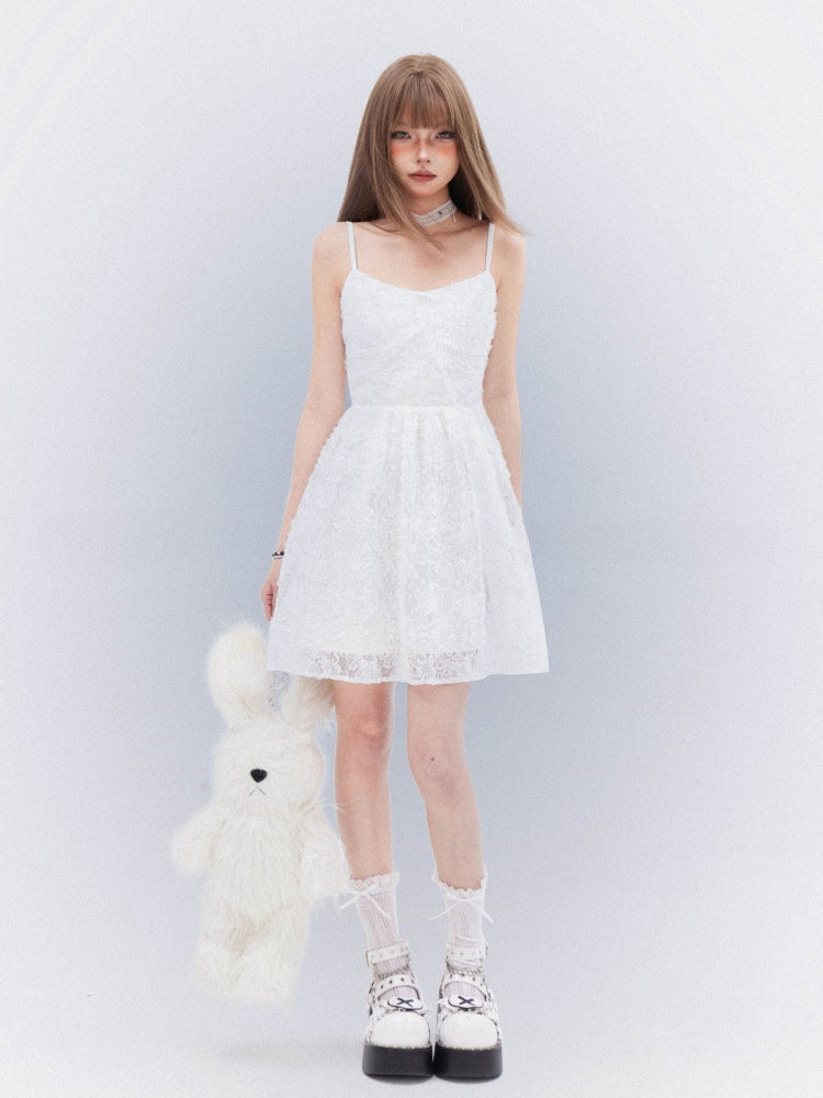 Cami Dress with Self-Tie Bow Elegant Lace White Thigh-length