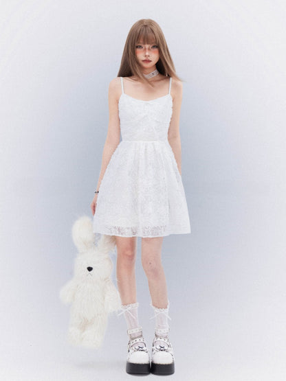 Cami Dress with Self-Tie Bow Elegant Lace White Thigh-length