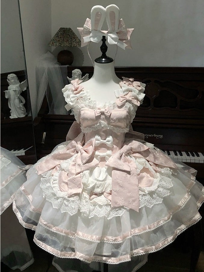 Pink Rabbit Ear Lolita JSK Dress KC Train Bowknot Velvet Set - Sweet Dream