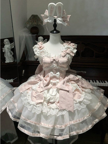 Pink Rabbit Ear Lolita JSK Dress KC Train Bowknot Velvet Set - Sweet Dream