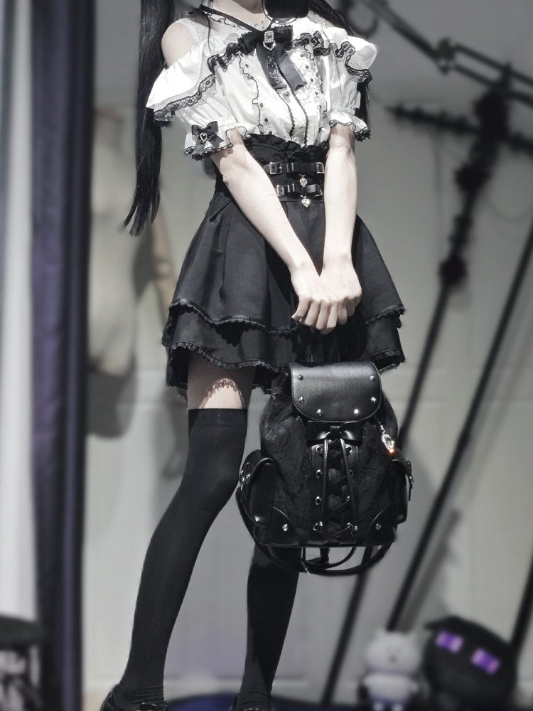 Jirai Kei Backpack with Heart Pendant, Lace Flap, Studs & Bowknot - Miao Lei Dian Bo