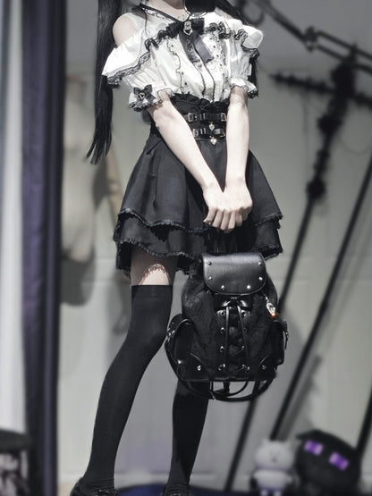 Jirai Kei Backpack with Heart Pendant, Lace Flap, Studs & Bowknot - Miao Lei Dian Bo