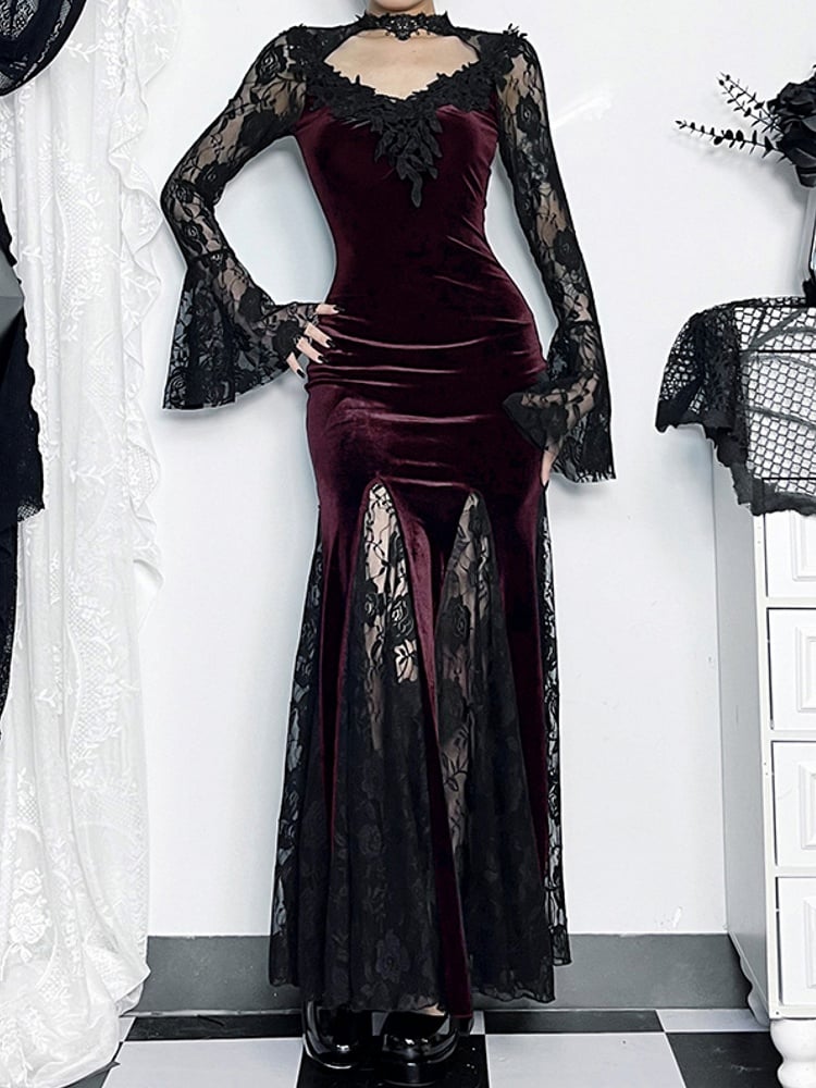 Lace Bell Sleeves Dress Gothic Floral with Dark Halloween Mermaid Black Red