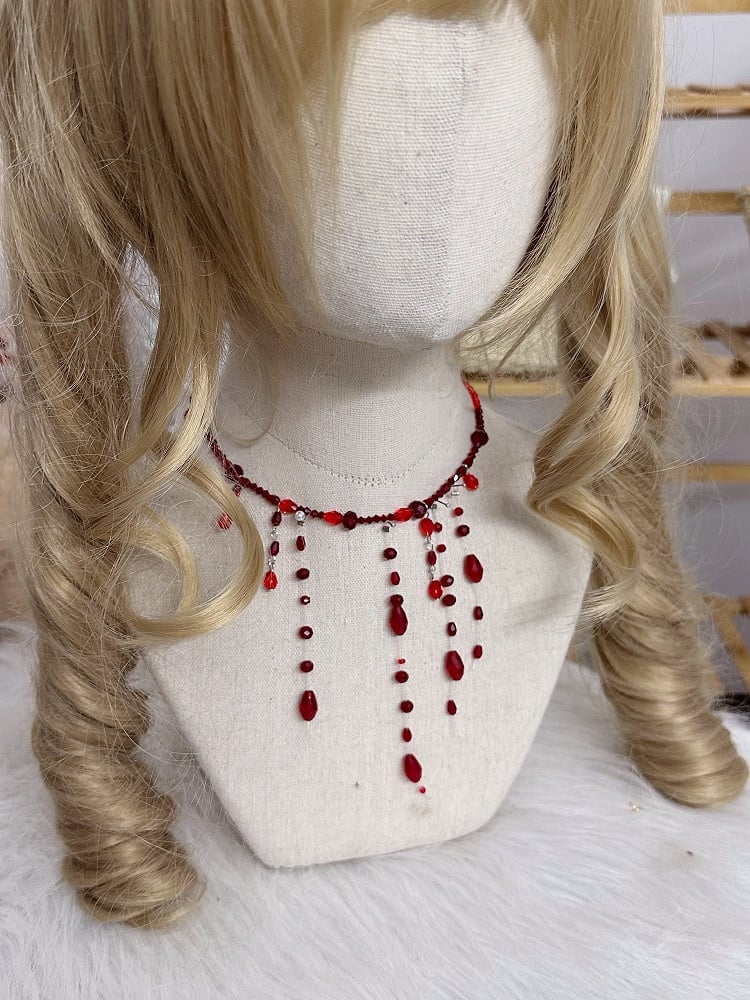 Gothic Necklace Long Bead Red Pendants