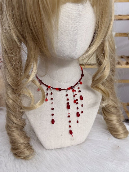 Gothic Necklace Long Bead Red Pendants