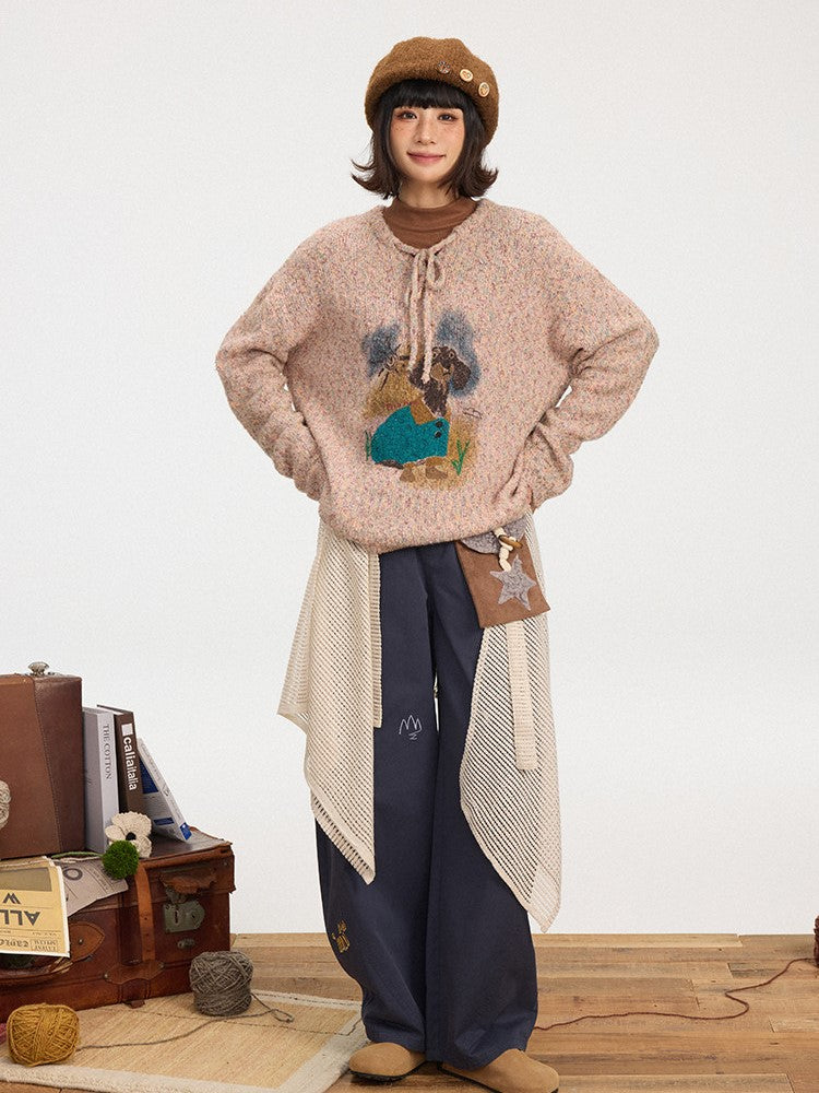 Wide-leg Vintage Embroidery Dark for Pants Winter Cut Autumn Cute - Blue