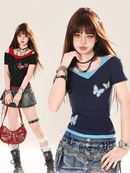 ブルー/レッドのバタフライアップリケフェイクツーピースTシャツ