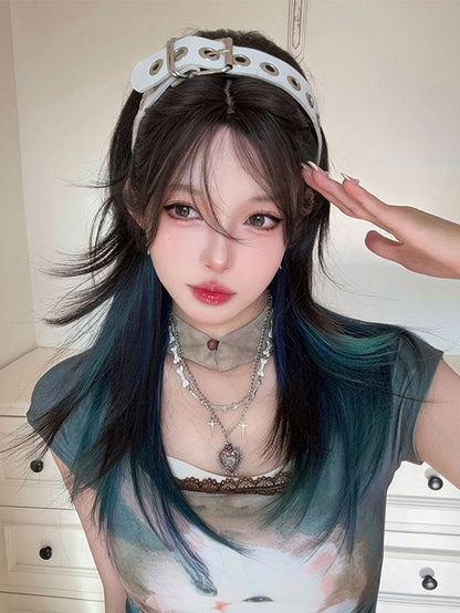 Pony Vorhang Perücke Büste gerade mit unter braun-grün Länge Ombre 63CM