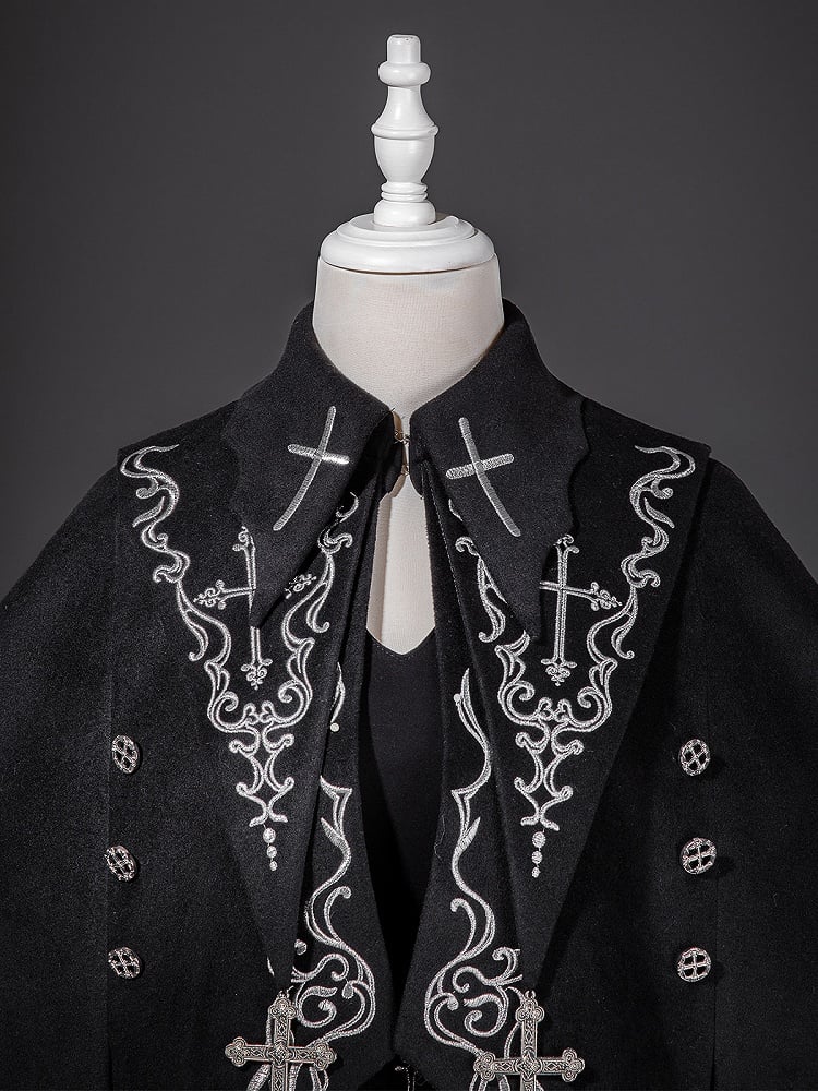 Hem Sleeves Cross Shorts Black Ouji Lolita Curved + Embroidery Bat-Wing Cape Long Top Gothic