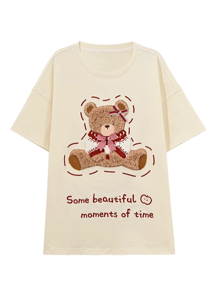 Cotton Plush Bear Embroidery Apricot Round Neck Loose T-shirt