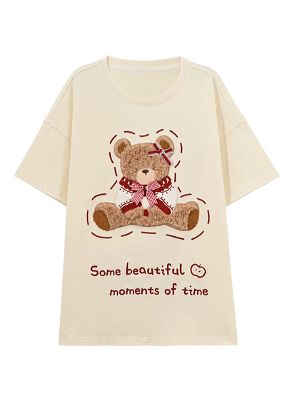 Cotton Plush Bear Embroidery Apricot Round Neck Loose T-shirt