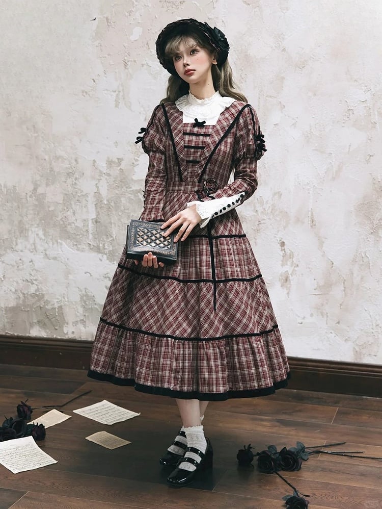 Neckline with Lace Black Long Classic Plaid Sleeves Lolita Dress Elegant Red and Piping