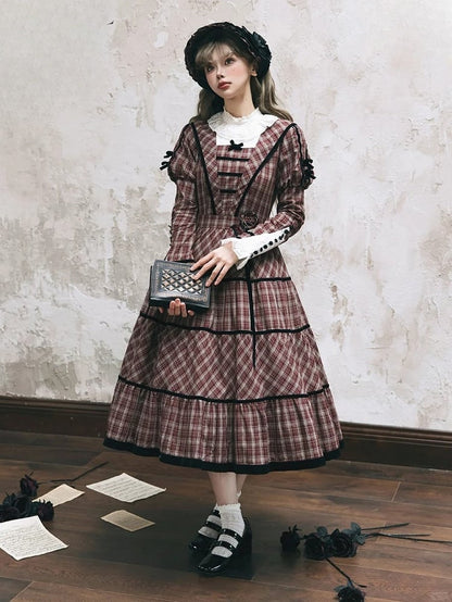Neckline with Lace Black Long Classic Plaid Sleeves Lolita Dress Elegant Red and Piping