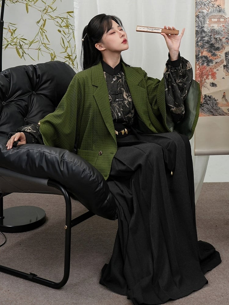 Blazer Front Slit Cuff Green Style Unisex Notched with Design Collar - Chinese Double-Breasted