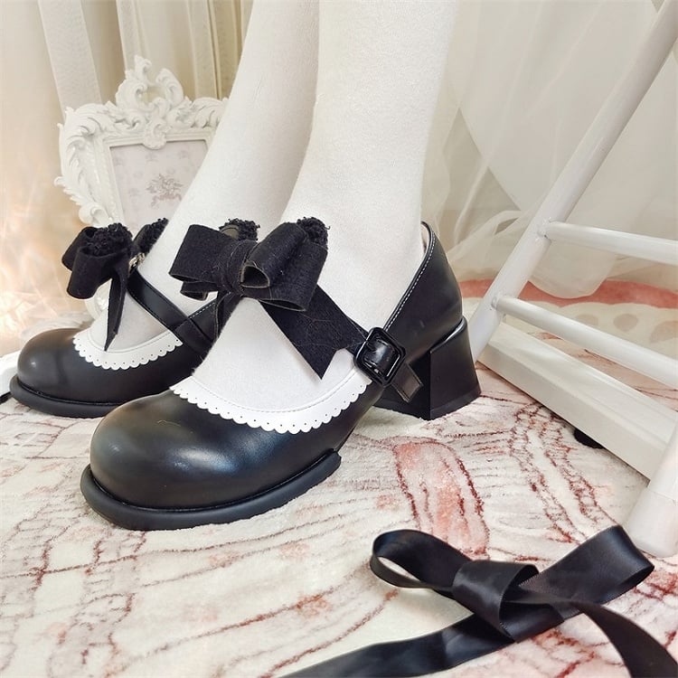 Black Jane Bear in 3cm/5cm Details Mary Lolita Detachable Sweet Scalloped Delicate Bow Ear Shoes
