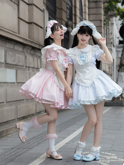 Pink Maid OP with Striped Lace Details - Sheep Puff Atelier