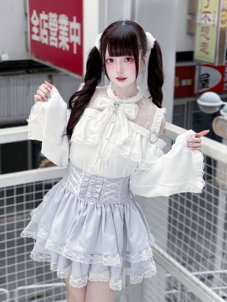 Bell Sleeves Open Shoulder with Blouse White Jirai Kei Three-Piece Set: