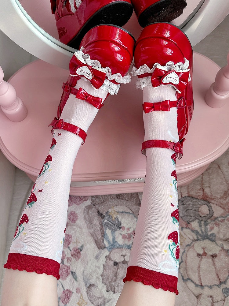 RedPink Calf Socks Pattern Strawberry Lolita Sweet