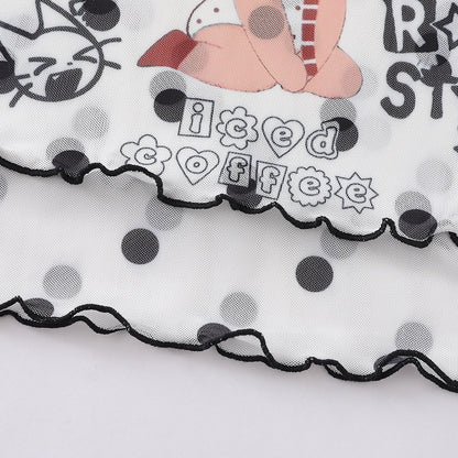 Cartoon Girl & Polka Dot Print White Mesh Short Sleeve T-Shirt - Languid Park