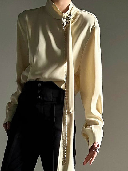 Yellow with Neck Prince Flowing Design Ouji Shirt Ribbon Mock - Accents