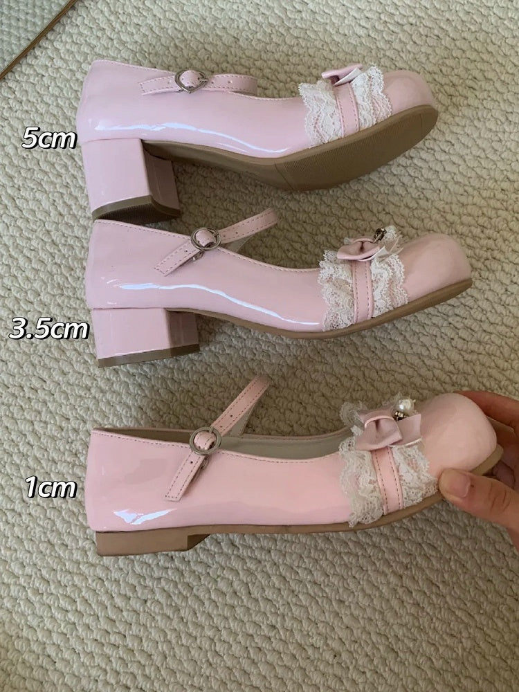Round Janes with Lolita Charm Toe Buckle Sweet Trim - Heel Heart Bead 1cm/3.5cm Brown Bow Mary PU Lace