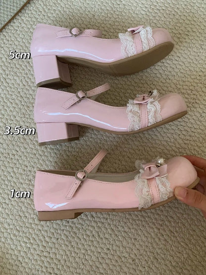 Round Janes with Lolita Charm Toe Buckle Sweet Trim - Heel Heart Bead 1cm/3.5cm Brown Bow Mary PU Lace