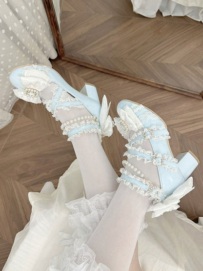 Light Blue Lolita 5cm Mid Heel Shoes with Big Bow and Pearl Embellishments Sweet Style - Sheep Puff