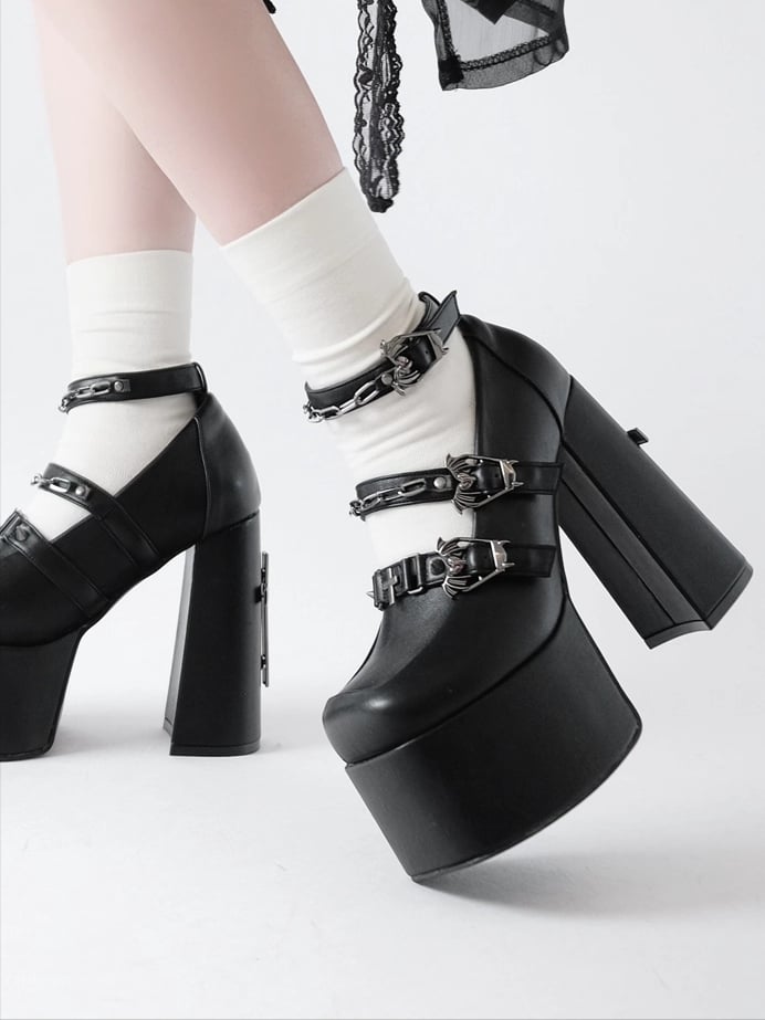 Toe Black Closure Mary Punk Heel with Ornate Coffin - Matte Square Bat Janes Motif Chunky Cross