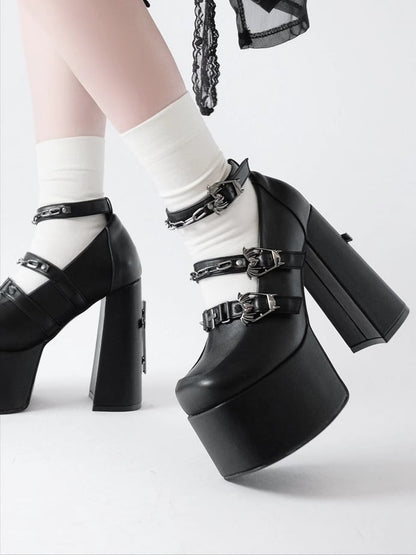 Toe Black Closure Mary Punk Heel with Ornate Coffin - Matte Square Bat Janes Motif Chunky Cross