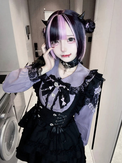 Jirai Kei Two-Piece Set: Purple Blouse with Heart Rhinestone Buttons & Black High-Waist Tiered Suspender Skirt