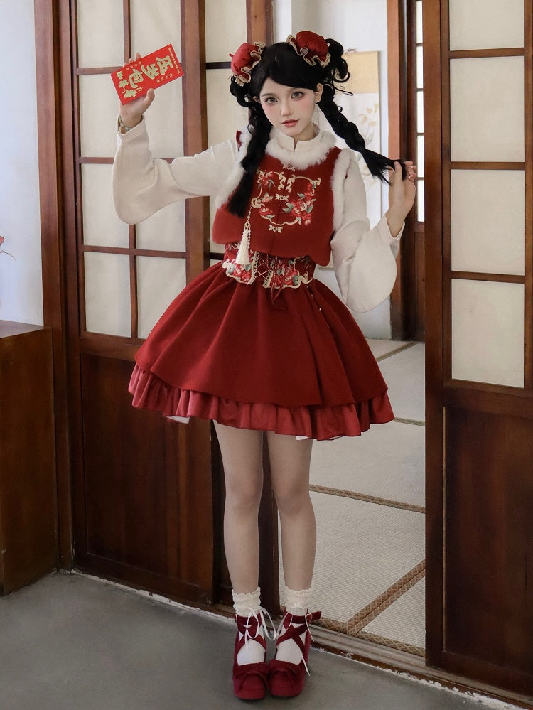Red Pomegranate Flowers Embroidery Plush Neckline Vest - With PUJI