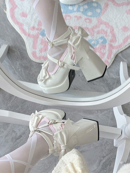 Elegant in - Shoes Decor Lolita Bow High Block Snap Platform Round-Toe Heel Heart-Shaped White
