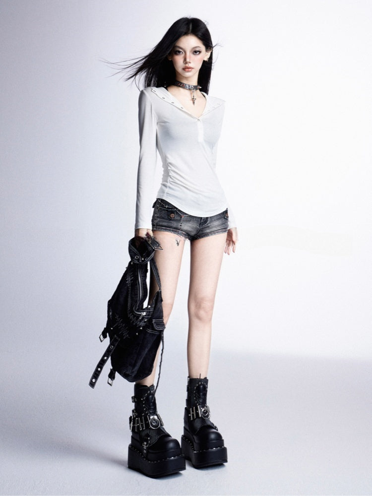 Snap Placket Neckline Sun Protection Hooded Top White Partial