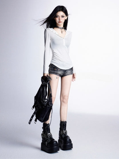 Snap Placket Neckline Sun Protection Hooded Top White Partial