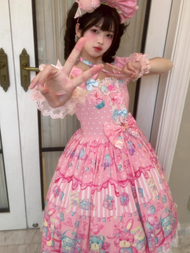 ロリータバニースイートショートプリントパフスリーブテディピンクとドール