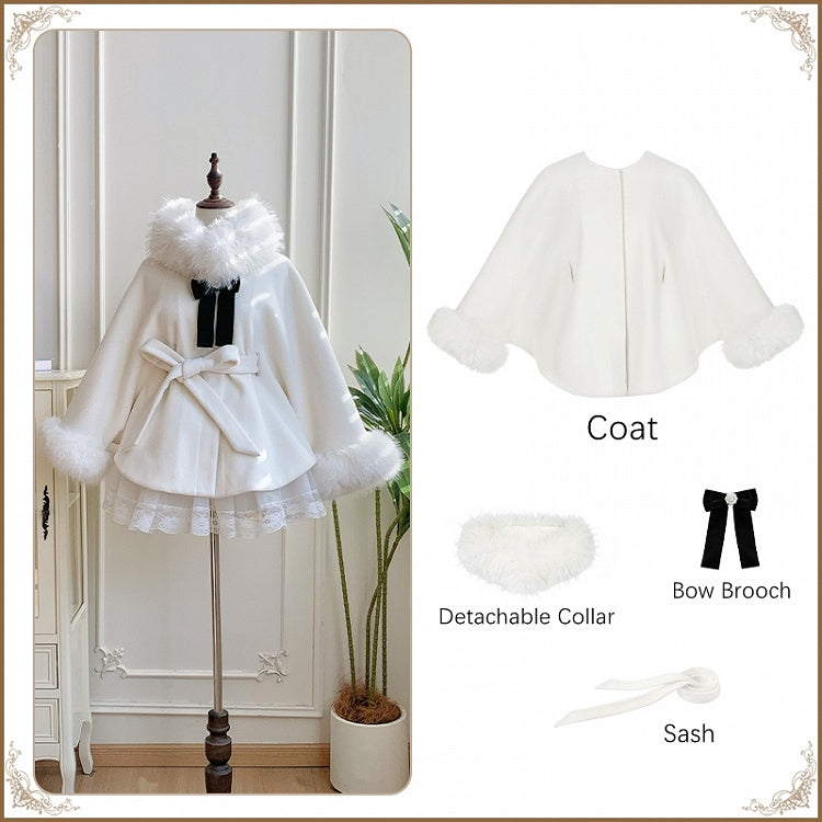 Detachable Lining Coat Fleece Cape with Fur Winter Lolita Collar White