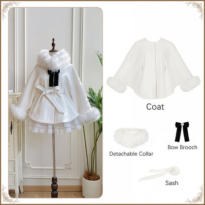 Detachable Lining Coat Fleece Cape with Fur Winter Lolita Collar White