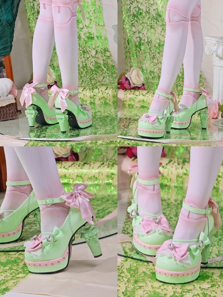Shoes Heart Decor - High-heel PU Leather Details Bowknot Green