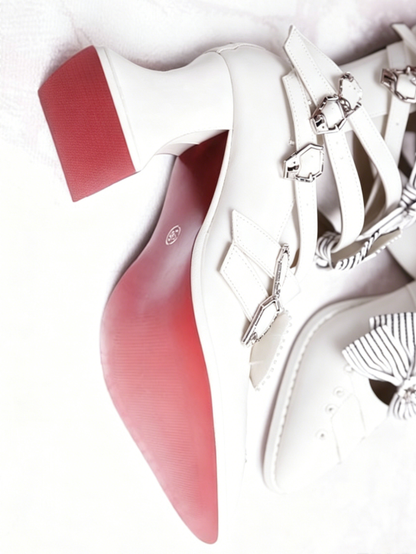 Pointed Toe White Boots with Striped Bow & Buckle Straps - NRose