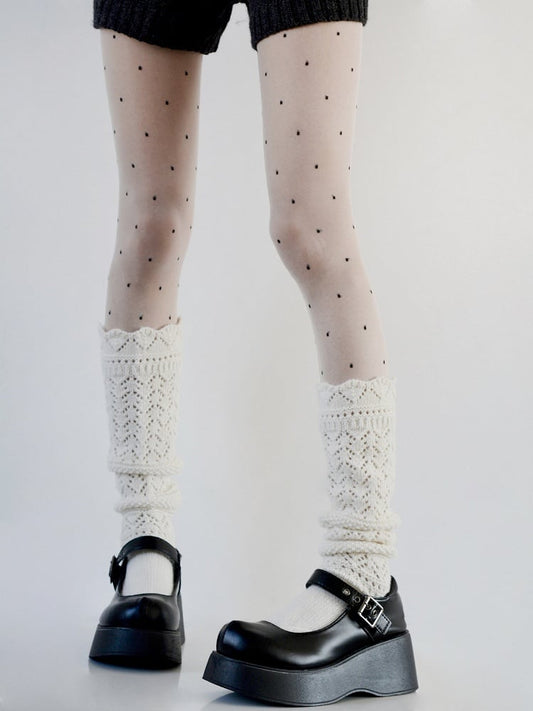 White/Brown/Gray Cut-Out Design Knitted Calf Socks