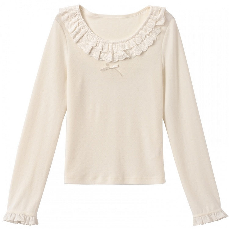 Beiges Slim-Fit-Top mit Spitzenbesatz und Rundhalsausschnitt