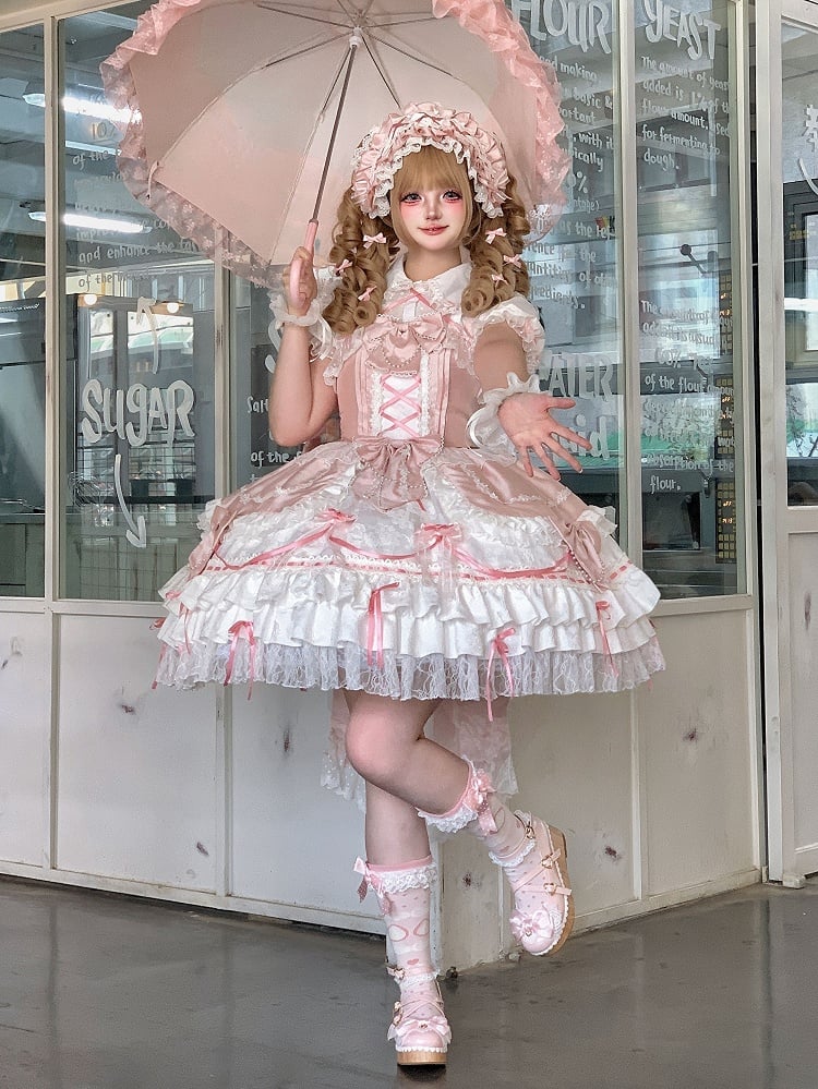 Bows Tiered Decorated Sweet Skirt and Chain Bead Pink White